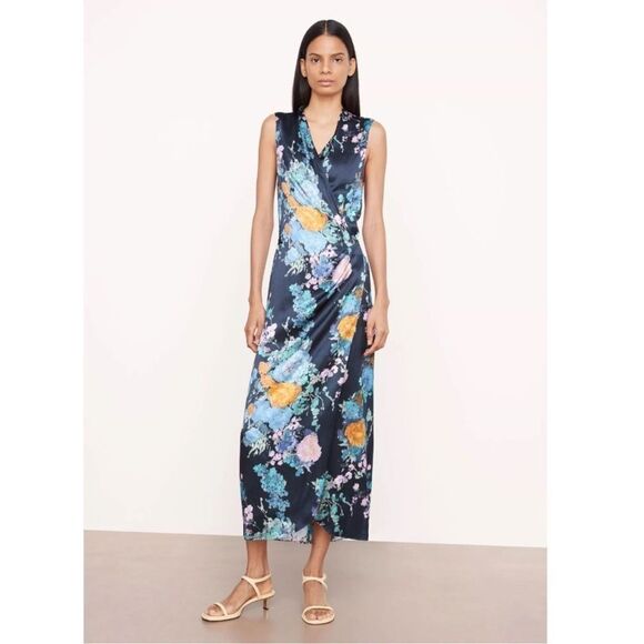 Vince Coastal Painted Bouquet Floral Satin Wrap Dress L - Picture 2 of 8